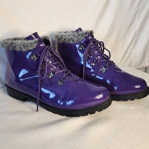 Comfortview Purple Patent Ankle Boots Faux Fur Trim Wide Width Women's